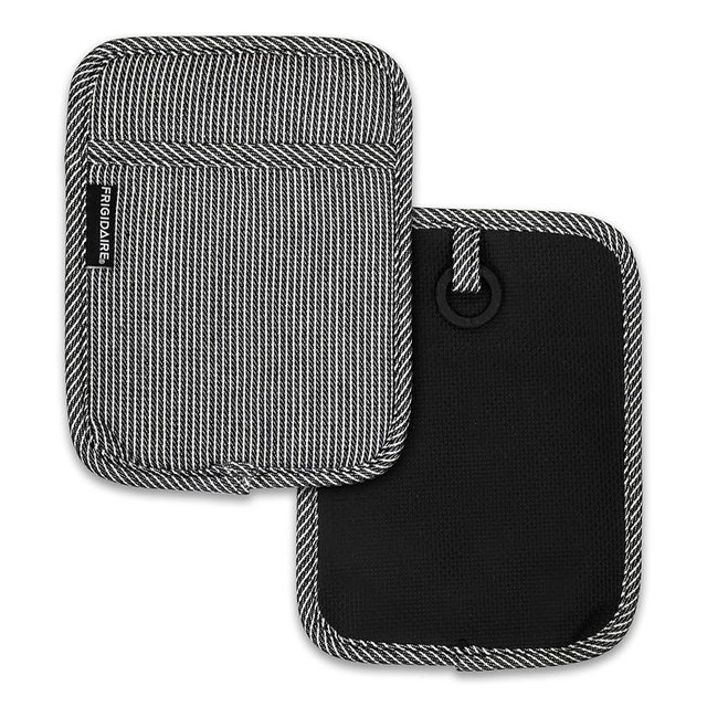 Frigidaire Layla 2-Pack Cotton and Neoprene Pot Holders, Heat Resistant, Anti-Slip, Machine Washable, 7" x 9", Black, Set of 2