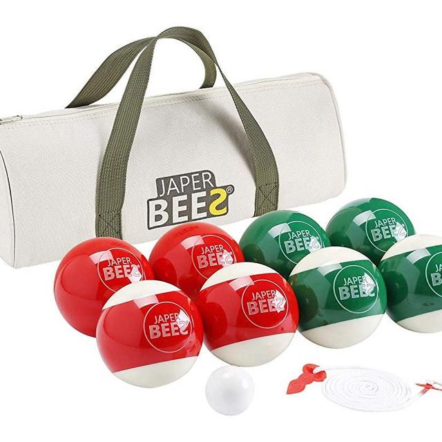 JAPER BEES Bocce Ball Set Solid Resin Outdoor Lawn Games for Family with 8 Balls 1 Pallino Measuring Rope Canvas Carrying Case 3 Size Options 90,100 or 107mm