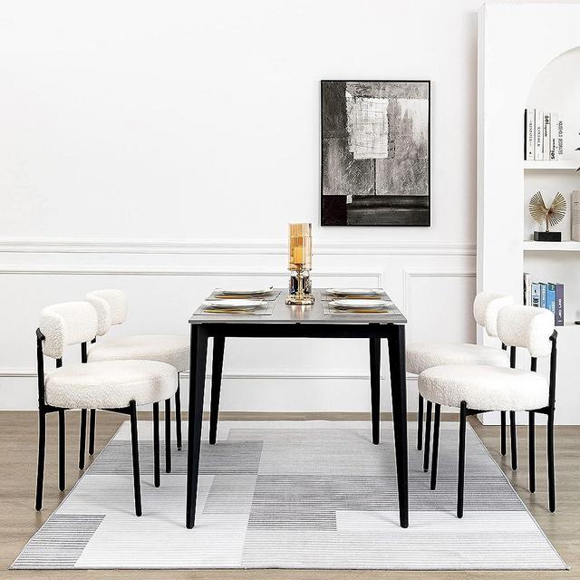 DYHOME White Dining Chairs Set of 4, Mid-Century Modern Dining Chairs, Kitchen Dining Room Chairs, Curved Backrest Round Upholstered Boucle Dining Chair with Black Metal Legs