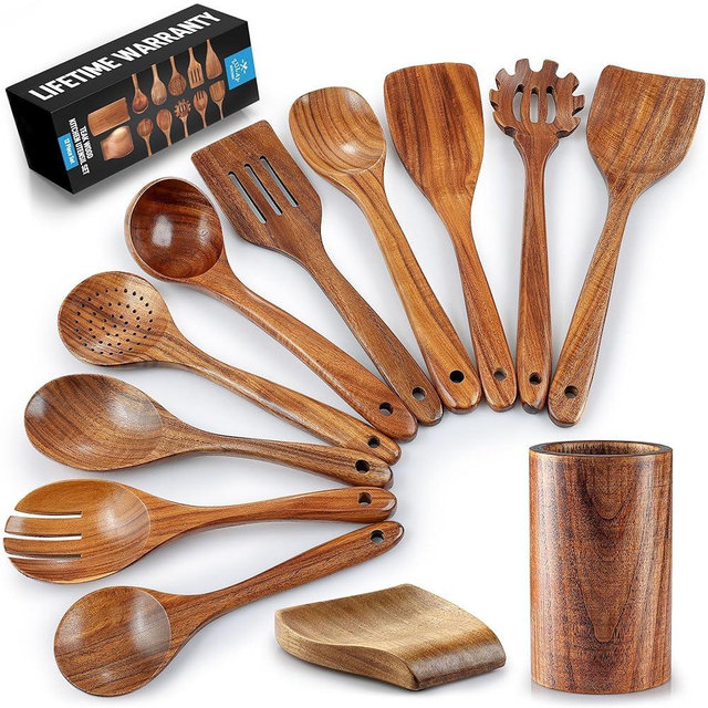 Zulay Kitchen 12-Piece Teak Wooden Utensils for Cooking - Natural Teak Utensil Set with Premium Gift Box - Non-Stick Wooden Spoons for Cooking - Kitchen Gift Set - Comfortable Grip Wooden Utensil Set