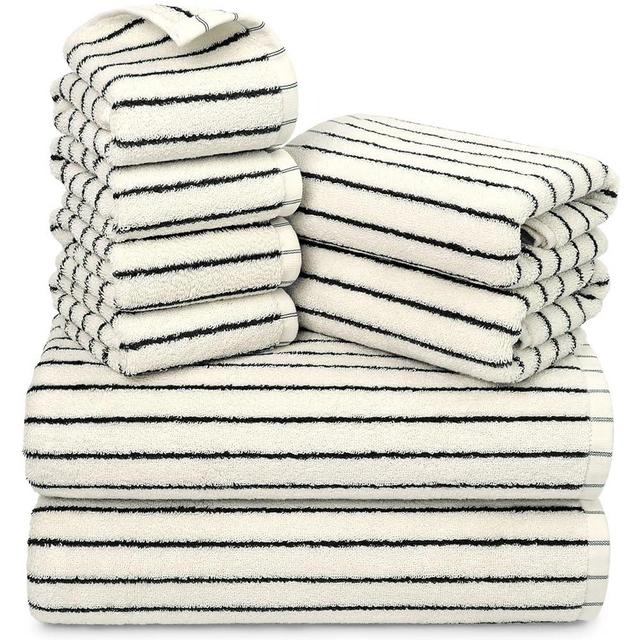 Jacquotha 8 Piece Black and White Towel Set, Super Soft & Absorbent Cotton Striped Towels for Bathroom Decor, 2 Bath, 2 Hand, 4 Washcloths