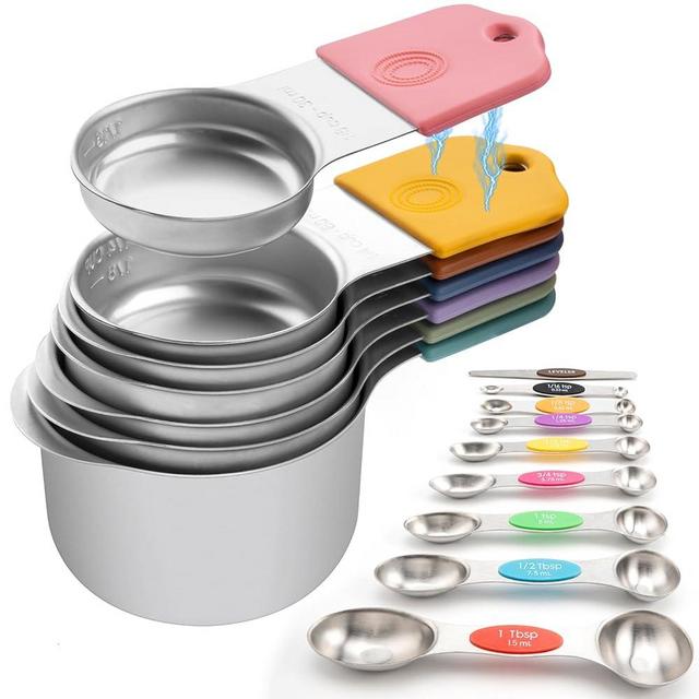 Magnetic Measuring Cups Spoons Set: 16Pcs 18/8 Stainless Steel Measuring Cup for Measure Dry Liquid Ingredients with 7 Heavy Duty Measuring Cup 8 Metal Spoon 1 Leveler