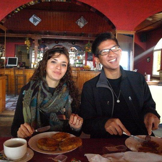 Enjoying the amazing Greek Toast at our hostel before setting off to explore Corfu. (Before we were an item)