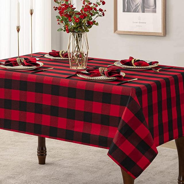 60 x 104 Inch Rectangle Checkered Tablecloth - Wrinkle Resistant Waterproof Table Cloth Buffalo Plaid Washable Polyester Fabric Table Cover for Outdoor Picnic, Dinner and Party, Red and Black