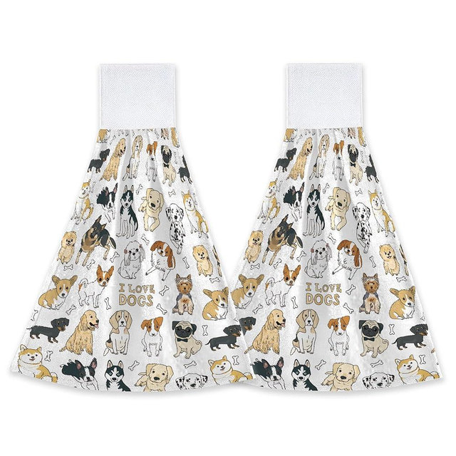susioy Cute Dog Dogs Hand Towel with Loop 2 Pcs Soft Hanging Towel Absorbent Tie Towels for Kitchen Tea Bar Bathroom Decor