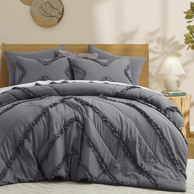 BEDAZZLED Queen Comforter Set - Grey Ruffle Comforter 5PCS Bed in a Bag, Textured Bed Comforter Chic Fluffy Bedding Set (2 Ruffle Pillowcases and 2 Solid Color Pillowcases)