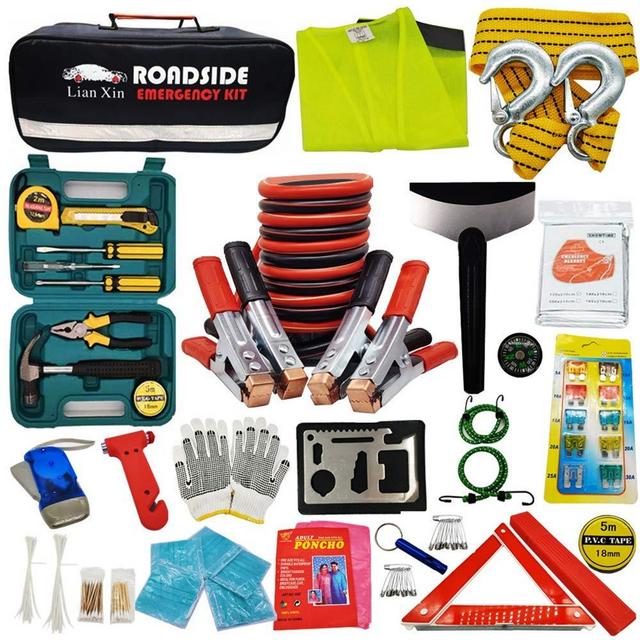 Roadside Assistance Emergency Kit - Multipurpose Emergency Pack Car Premium Road Kit Essentials Jumper Cables Set (8 Foot) Automotive Roadside Assistance 142 Pieces Winter Car Kit