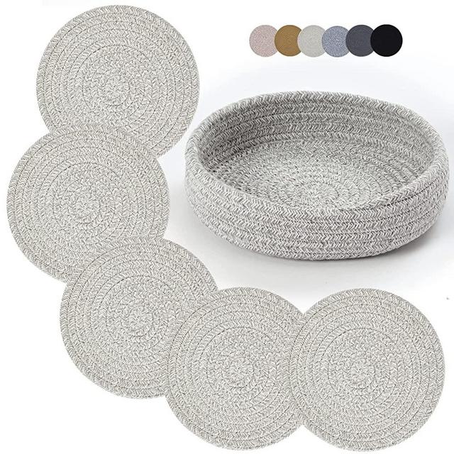 Pot Holders Trivets Set 5 Pcs and Kitchen Storage Basket 1 Pack, Cotton Trivet Mat 7 Inchs for Hot Pots and Pans, Potholders for Hot Dishes, Table Countertop Protector Hot Pads Heat Resistant (Grey)
