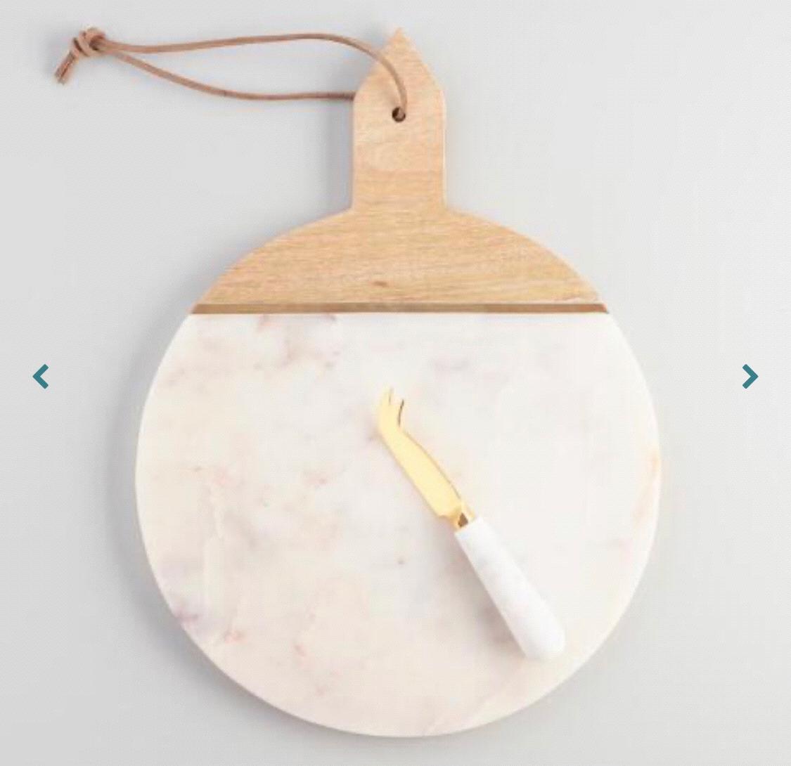White Marble and Wood Cheese Board and Knife Set