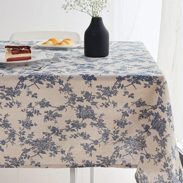 Wracra Cotton Linen Vintage Rectangle Tablecloth Pastoral Floral Rustic Table Cloth Washable Table Cover for Indoor&Outdoor,Farmhouse Decor,Picnic,Tabletop Decoration (Blue Floral, 55"×71")