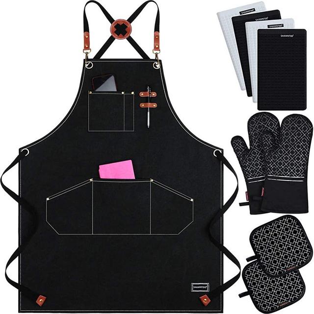 9-PCS Chef Aprons,Oven Mitts and Pot Holders Set,Kitchen Towels and Dishcloths