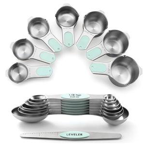 Spring Chef Magnetic Measuring Cups & Spoons Set (Patent Pending), Strong N45 Magnets, Heavy Duty Stainless Steel Fits in Spice Jars for Baking & Cooking, BPA Free, Round Set of 15 with Leveler, Mint