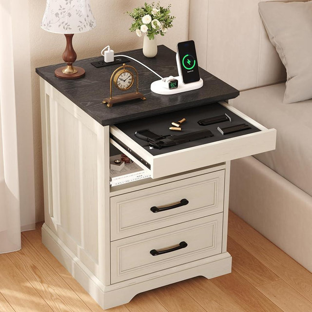 Yusong Farmhouse Night Stand with Gun Drawer & Invisible Lock, 25" Tall Bedside Table with Charging Station, End Table with Open Shelf for Bedroom Room (White-Black)