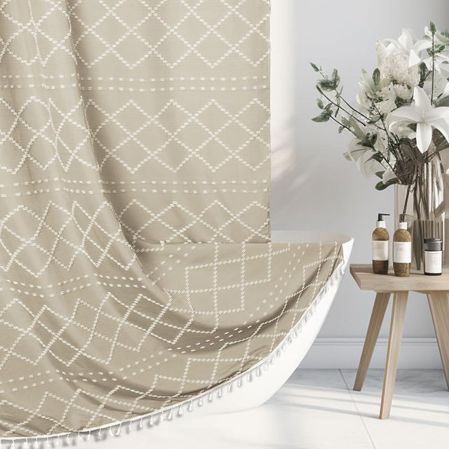 Siiluminisoy Beige Boho Shower Curtain Woven Fabric Cute Shower Curtain, 72 x 72 Tufted Chevron Textured Striped Modern Farmhouse Minimalist Cloth Shower Curtain for Bathroom