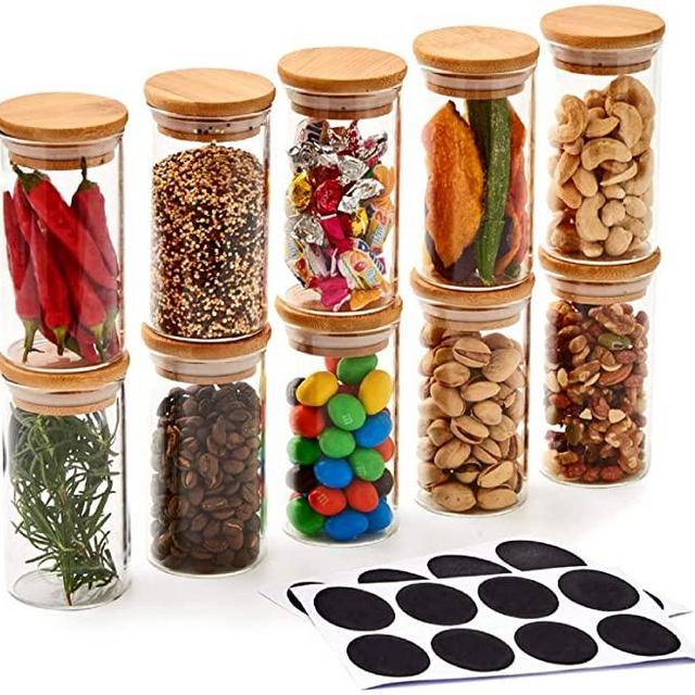 EZOWare 10 Bottles Glass Jar Set, Small Air Tight Canister Storage Containers with Natural Bamboo Lids and Chalkboard Labels for Kitchen, Bathroom, Home Decor, Party Favors (200ML)
