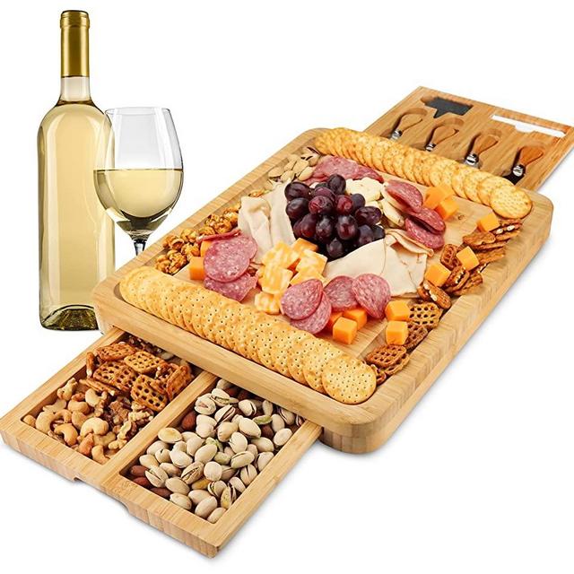 Royal House Unique Bamboo Cheese Board and Knife Set , Serving Tray for Crackers, Meat, and Wine ,Wood Charcuterie Platter with Slide-Out Cutlery Drawer , Perfect Wedding and Housewarming Gift