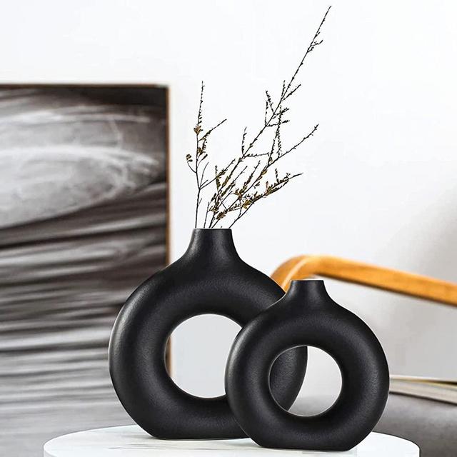 Black Ceramic Vase Set 2 for Modern Boho Decor,Round Matte Pampas Flower Vases Minimalist Nordic Boho Ins Style for Wedding Dinner Table Party Living Room Office Bedroom, Decorative Gift