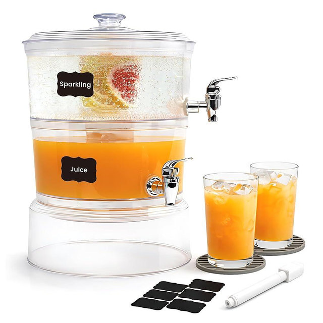 LISI 2-Tier Beverage Dispenser, 2 Gallon Stackable Drink Dispenser with Stand Ice Cores & Infusers, BPA-Free Clear Plastic Double Beverage Server for Parties, Events & Home Use