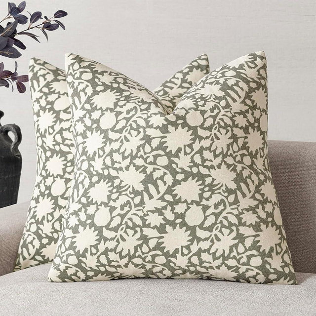 Foindtower Set of 2 Decorative Neutral Floral Throw Pillow Covers Accent Farmhouse Cushion Covers Boho Vintage Pillowcase for Couch Sofa Bedroom Living Room Home Decor Outdoor,18×18 Inch,Sage Green