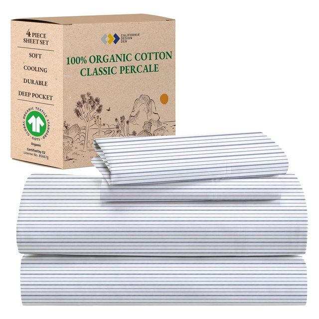 California Design Den 4-Piece Printed Queen Sheet Set - 100% Organic Cotton Percale, Deep Pocket, GOTS Certified - Blue Stripe