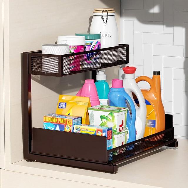 OUTIOE Under Sink Organizer and Storage, 2 Tier Pull Out Cabinet Organizer, Slide Out Under Sink Storage Shelf, Undersink Organizers Shelves for Kitchen Bathroom Pantry Organization (Bronze)