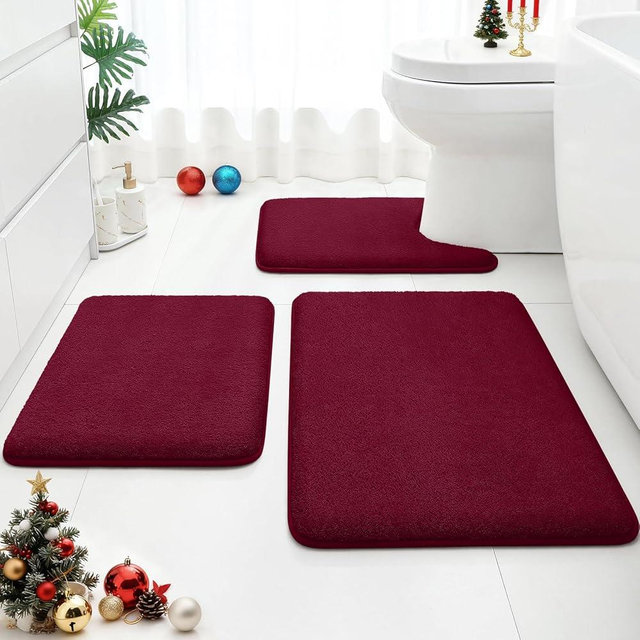 HOMEIDEAS Upgraded Bathroom Rugs Set 3 Piece, Extra Thick Absorbent Soft Memory Foam, Washable Toilet Bath Mat (Burgundy Red,17"x24"+20"x32"+U Shape 20"x24")