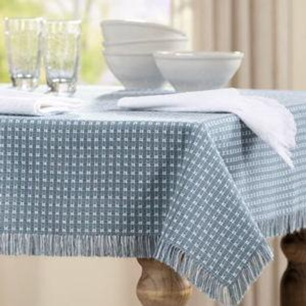 Mountain Weavers Original Mountain Weave Cotton Tablecloth, 62inx90in, Oblong, Wedgwood Blue and White