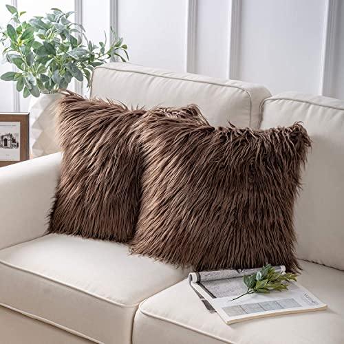 Phantoscope Pack of 2 Faux Fur Throw Pillow Covers Cushion Covers Luxury Soft Decorative Pillowcase Fuzzy Pillow Covers for Bed/Couch,Coffee 18 x 18 Inches
