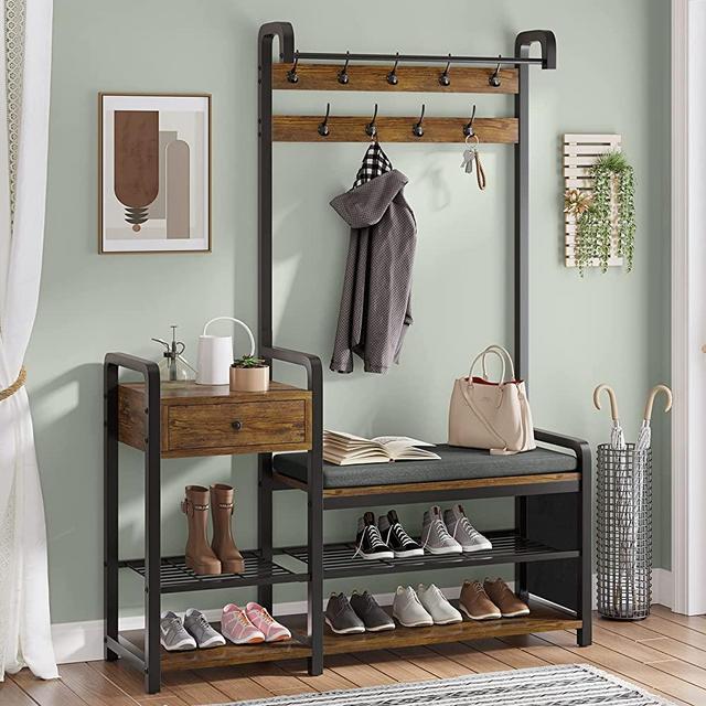 Itaar Hall Tree, Entryway Bench, Coat Rack Shoe Bench, Shoe Storage and Storage Drawer, Soft Cushion and Hanging Rod for Living Room, Bedroom, Rustic Brown