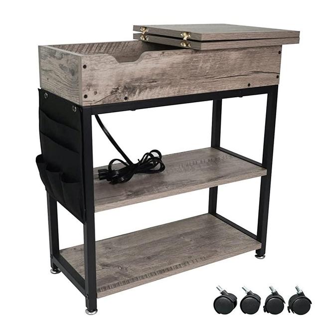 SJIE End Table with Charging Station,Narrow Flip Top Side Table with Storage Shelf,USB Ports and Outlets,Rectangular Nightstand,Sofa Table with Rolling Wheels for Living Room,Bedroom,Office
