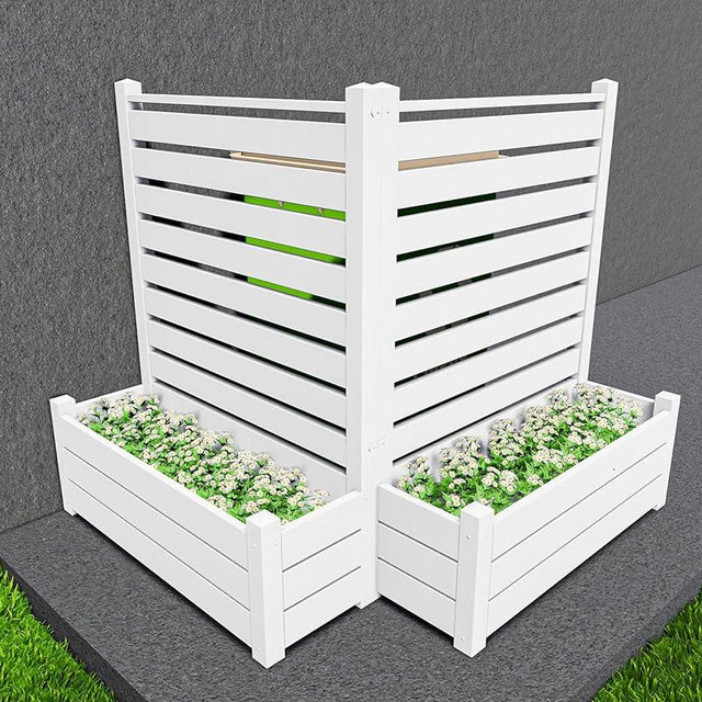 Qikdesign No-Dig Air Conditioner Fence 36" W X 45" H White Vinyl Privacy Fence with Planter Box for Trash Can Pool Equipment (2 Panels)