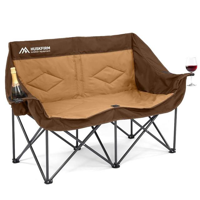 Double Camping Chairs for Adults Oversized Loveseat - 2 Person Camp Chair Heavy Duty Outdoor Camping Couch with Cup Holders - Portable Folding Chair for Outside Lawn, Brown