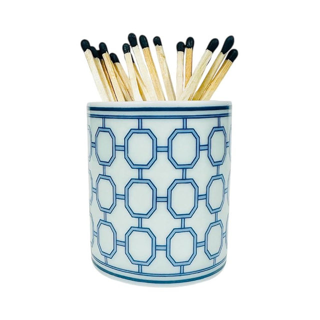 Chinoiserie Long Match Holder with Striker – Tall Design for 3", 4", 5" Matches – Rare Vintage Style Soft Blue Porcelain with Cobalt Chinoiserie Patterns – Matches NOT Included (Style B)