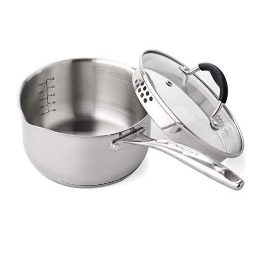 AVACRAFT Stainless Steel Saucepan with Glass Lid, Strainer Lid, Two Side Spouts for Easy Pour with Ergonomic Handle, Multipurpose Sauce Pan with Lid, Sauce Pot (Tri-Ply Capsule Bottom, 3.5 Quart)
