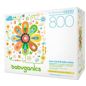 Babyganics Fragrance-Free Face Hand and Baby Wipes, 100 ct, (Pack of 8), Packaging May Vary