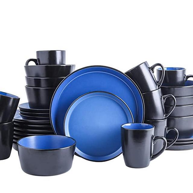 Stone Lain Coupe Stoneware Dinnerware Set, Service For 8, Blue and Black