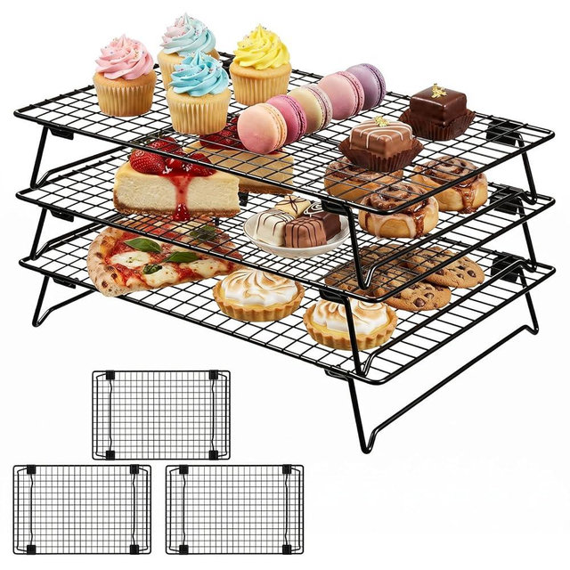 3-Tier Stackable Cooling Rack for Cooking and Baking, 17" x 11" Large Black Wire Cooling Rack, Foldable & Heavy Duty Cookie Cooling Rack, Oven Safe Baking Rack