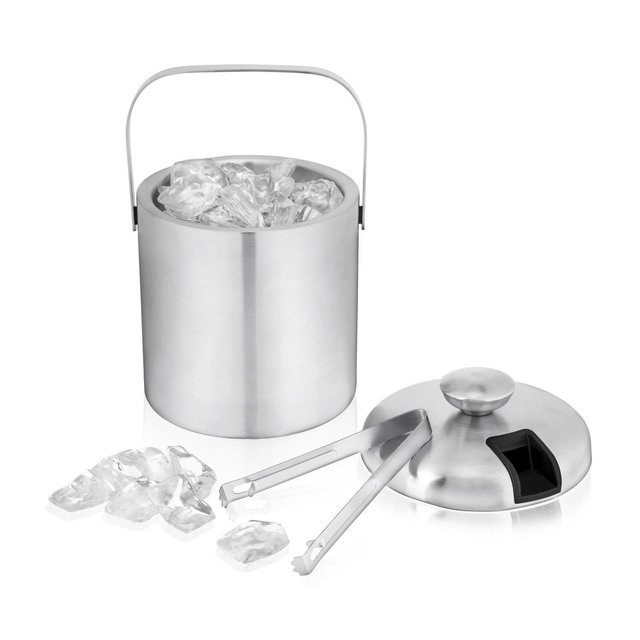 True Stainless Steel Ice Bucket with Tongs, Double Walled Insulated Bar Essential with Built-In Tong Holder Lid, Silver, 1.3 Liter Capacity