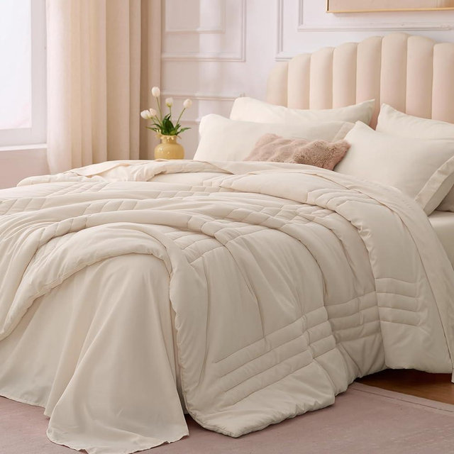 Velorose Queen Comforter Set Beige - Bed in a Bag Queen Size 7 Pieces, Soft Bedding Set for All Seasons, Premium Queen Comforter Set with Comforter, Sheets, Pillowcases & Shams