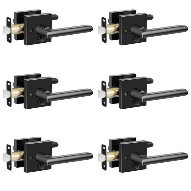 HOSOM 6 Pack Black Door Handles Interior, Privacy Door Handle with Lock, Keyless Square Door Lever for Bedroom Bathroom, Reversible Door Knob for Left & Right Handled Doors