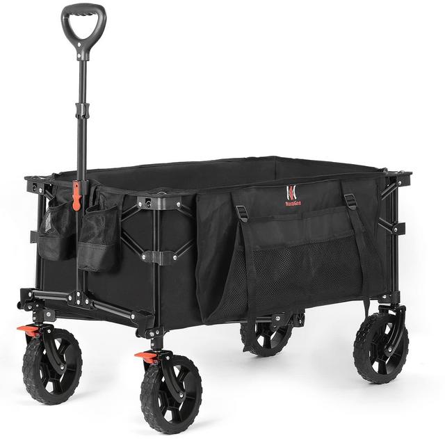 Navatiee Collapsible Folding Wagon, Heavy Duty Utility Beach Wagon Cart with Side Pocket and Brakes, Large Capacity Foldable Grocery Wagon for Garden Sports Outdoor Use, S1