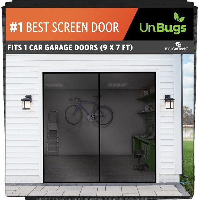 UnBugs Garage Screen Doors for 1 Car Garage - Fits Single Garage Doors up to 9 Feet Wide x 7 Feet Tall MAX - Pet & Kid Friendly, Self-Closing - Hands Free Magnet Closure Keeps Bugs Out & Breeze in