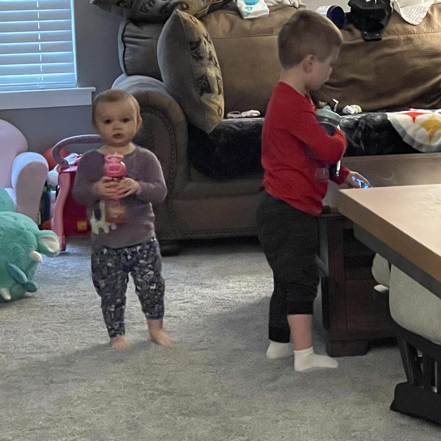 Cousins working hard at their juice in the morning at nana’s