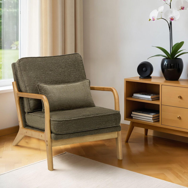 Ora Maison Green Modern Accent Chair with Lumbar Pillow and Wooden Frame, Perfect for Living Room or Office