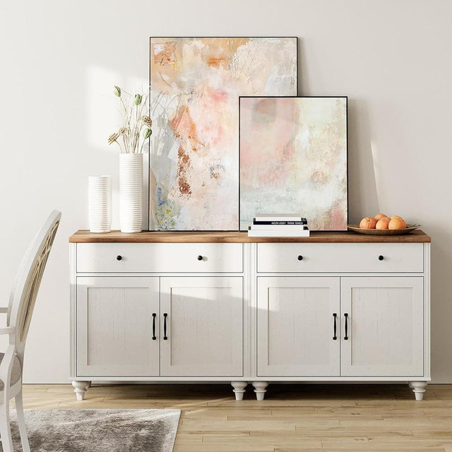 WAMAPT Large Buffet Cabinet with 4 Doors and 2 Drawers, Modern Coffee Bar Table Wood Kitchen Storage Cabinets with Adjustable Shelf, Farmhouse Sideboard Credenza for Dining Room, Off White, 68 inch