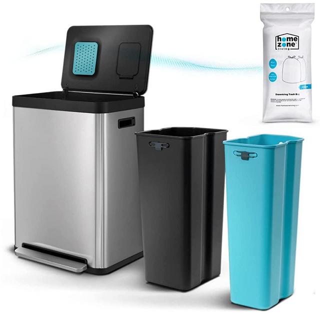 Home Zone Living 18.5 Gallon Dual Trash Can for Recycling and Trash with CleanAura Odor Control Compartment, 70 Liter Total Capacity, Silver