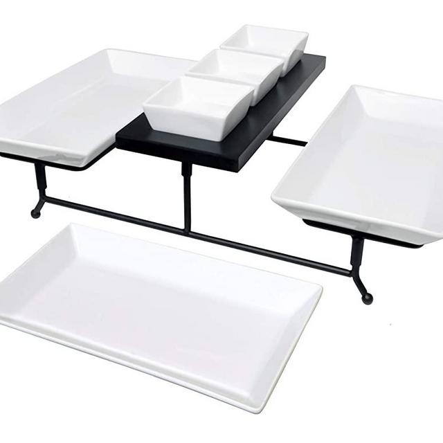 The Most Versatile 3 Tier Serving Tray. Collapsible metal stand with 3 large plates and 3 bowls on black wood base. Tiered party food server display for appetizers, cupcakes, fruit, cheese, desserts.
