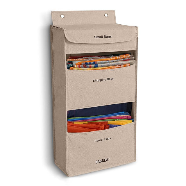 BAGNEAT 3 in 1 Plastic Bag Holder – Separate Plastic Bags, Reusable Bags & Grocery Bags – Over-the-Door or Wall-Mount Storage Organizer