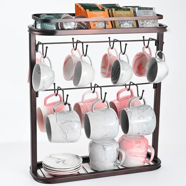 Coffee Mug Holder, 2 Tier Mug Tree Metal Double-Side Mug Holder for Holds At Least 14 Mugs, Counter Coffee Cup Holder Organizer with Storage Shelves for Coffee Mug Cups, Dark Brown