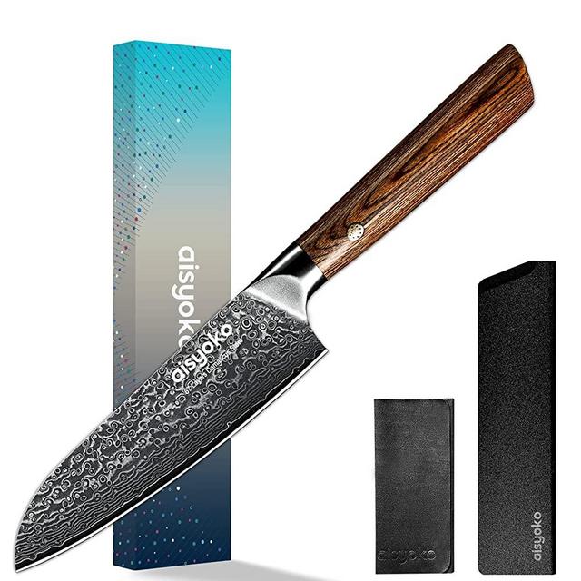 aisyoko Santoku Knife 5 inches-Japan VG-10 Super Steel 67 Layer Damascus Steel-Sharp Kitchen Knife-Luxury Gift Box with Colored Wooden Handle-With Scabbard